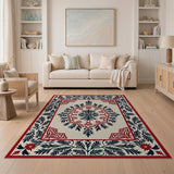 Ornate Cream Persian Medallion Rug with Navy Vines Red Borders
