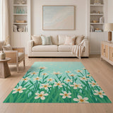 Whimsical White Daisy Meadow Teal Area Rug