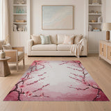Pink Cherry Blossom Watercolor Washable Area Rug Low Pile Non-Slip