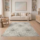 Beige Line-Art Floral Pattern Area Rug