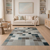 Modern Teal Grid Neutral Area Rug
