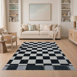 Distressed Black White Checkered Woven Rug