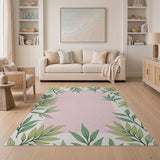 Botanical Green Leaves Pink Center Area Rug