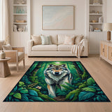 Majestic Wolf in Lush Green Forest Area Rug