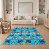 Blue Coastal Surfboard Palm Tree Area Rug