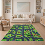 Vibrant Cartoon Roads Cars Green Kids Area Rug