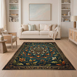 Teal Mandala Persian Area Rug with Gold Frame