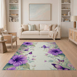 ODIKA Washable Purple Hibiscus Butterfly Floral Rug, Non-Slip Low Pile Area Rug