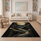 Washable Black & Gold Art Deco Abstract Moon Low Pile Area Rug
