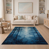 Misty Blue Pine Forest Silhouette Area Rug