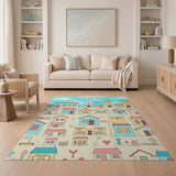 Whimsical Cartoon Village Houses Area Rug