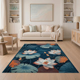 Navy Lotus Blossom Area Rug with Teal Leaves