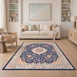 Navy Blue Orange Floral Persian Area Rug