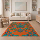 Bold Teal Floral Medallion on Orange Persian Rug