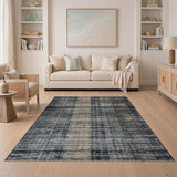 Distressed Grey Plaid Area Rug with Gold Accents