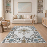 Teal Floral Medallion Border Area Rug