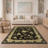 ODIKA Washable Black and Gold Baroque Floral Area Rug - Low Pile Non-Slip Vintage Carpet