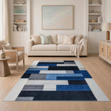 Modern Geometric Blue Grey Block Area Rug