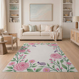 Pink Roses Birds Floral Border Rug