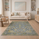 Grey Traditional Persian Rug with Gold Floral Accents