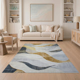 Gold and Silver Abstract Grey Gold Wave Area Rug