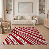 Red White Diagonal Swirl Stripe Area Rug