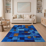 Blue Geometric Abstract Area Rug with Terracotta Accents