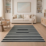 Bold Black White Striped Rug with Geometric Block