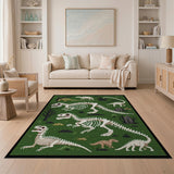 Dinosaur Skeletons Pixel Art Green Area Rug
