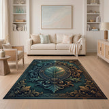 Ornate Teal Fern Baroque Frame Area Rug