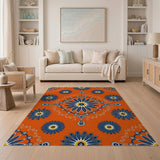 Vibrant Orange Navy Daisy Floral Area Rug