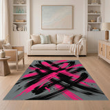 Bold Pink Black Abstract Brushstroke Grey Area Rug