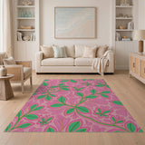 Vibrant Pink Green Leaf Swirl Area Rug