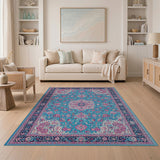 Teal Blue Persian Rug with Vibrant Pink Florals