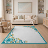 Blue and Teal Teal Floral Border Area Rug