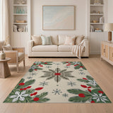 Festive Poinsettia Evergreen Snowflake Area Rug