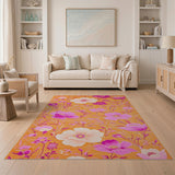 ODIKA Washable Orange Retro Floral Area Rug - Low Pile Non-Slip Pet & Kid Friendly