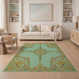 Teal Gold Ornate Floral Border Rug