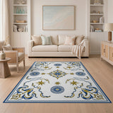 Ornate Blue Gold Floral Azulejo Area Rug