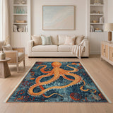 Orange Octopus Blue Distressed Vintage Area Rug