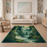 Lush Green Mountain Cliffs Waterfall Area Rug