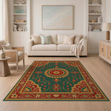 Ornate Green Persian Sunburst Medallion Rug