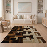 Brown Tan Wood Plank Parquet Area Rug
