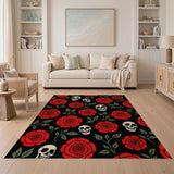 ODIKA Gothic Skull and Red Rose Washable Low Pile Non-Slip Area Rug