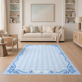 Light Blue Gingham Floral Border Area Rug