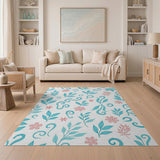 Teal Leaves Pink Flowers Floral Pattern Rug