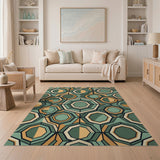 Teal Orange Geometric Hexagon Area Rug