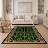 Ornate Green Floral Persian Area Rug on Black