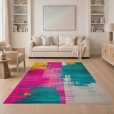Vibrant Pink Teal Yellow Geometric Area Rug
