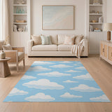 Blue and Teal Whimsical Cartoon Clouds Blue Sky Area Rug
